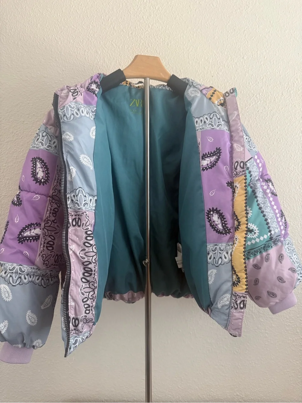 Zara Kids Bandana Patchwork Puffer Jacket - Purple, Teal & Light Blue